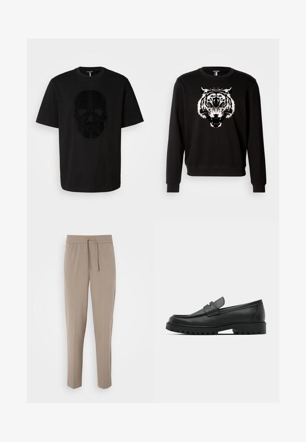 Hanorac negru cu mâneci lungi, având un grafic mare cu un tigru alb pe față. Fabricat din bumbac, cu un design clasic de gât rotund.; Tricou negru din bumbac cu un design texturat de skull negru pe față. Mâneci scurte și gât rotund; croială dreaptă la tiv.; Pantaloni bej deschis cu un brâu elastic, șnur ajustabil și picioare conice. Materialul pare neted, cu un ușor luciu.; Mocasini din piele neagră cu vârful rotunjit, având un design cusut, talpă joasă și o talpă din cauciuc texturat, cu crampoane.
