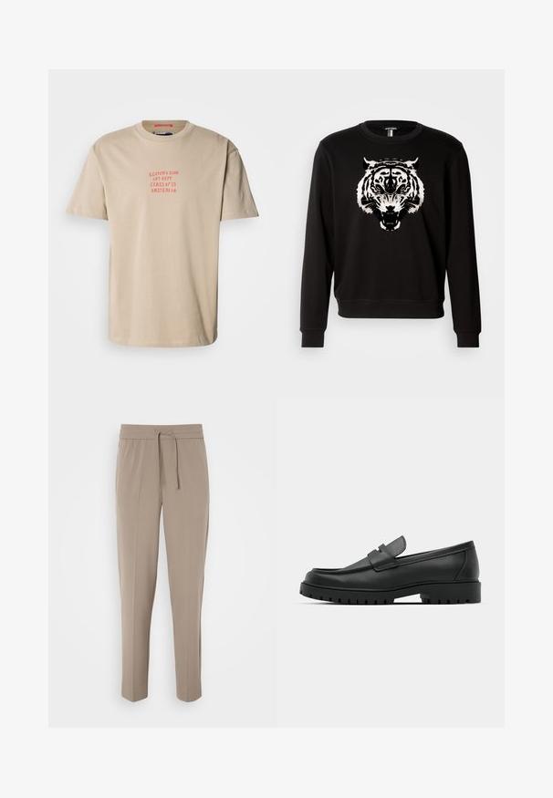 Melnas sporta jakas ar garām piedurknēm, uz kuras priekšpuses ir liels balts tīģera attēls. Izgatavota no kokvilnas ar klasisku apaļu kakla dizainu.; Beige kokvilnas T-krekls ar apaļu kaklu, īsām piedurknēm un sarkanu drukātu tekstu: "SCOTCH & SODA ART DEPT. CLASS OF '85 AMSTERDAM."; Gaiši pelēkas bikses ar elastīgu jostasvietu, regulējamu auklu un sašaurinātām kājām. Audums izskatās gluds ar vieglu spīdumu.; Melnas ādas loafers ar noapaļotu purngalu, ar izšūtu dizainu, zemu platformas zoli un teksturētu, rievotu gumijas ārējo zoli.