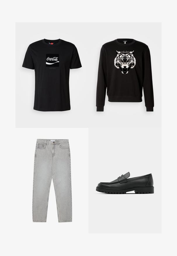 Felpa nera con maniche lunghe caratterizzata da una grande grafica di una tigre bianca sul davanti. Realizzata in cotone con un design classico a girocollo.; T-shirt nera in cotone con maniche corte e scollatura rotonda, caratterizzata da una grafica del logo Coca-Cola in bianco e un accento rettangolare.; Pantaloni in denim grigio chiaro con design a gamba dritta, stile a cinque tasche e chiusura con bottone. Cuciture visibili lungo le cuciture.; Mocassini in pelle nera con punta rotonda, caratterizzati da un design cucito, suola piatta bassa e un battistrada in gomma testurizzata e scolpita.