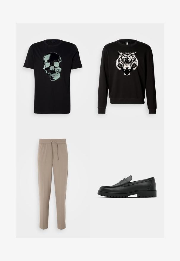 Sudadera negra de manga larga con un gran gráfico de un tigre blanco en la parte frontal. Hecha de algodón con un diseño clásico de cuello redondo.; Camiseta de algodón negra con un gran gráfico de calavera verde estilizado impreso en el frente. Diseño clásico de cuello redondo con mangas cortas.; Pantalones beige claros con cinturilla elástica, cordón ajustable y perneras estrechas. La tela parece suave con un ligero brillo.; Mocasines de cuero negro con punta redonda, que cuentan con un diseño cosido, suela de plataforma baja y una suela de goma texturada y con tacos.