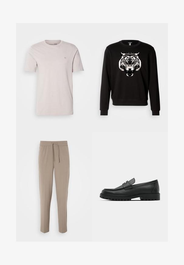 Črna majica s dolgimi rokavi, ki ima na sprednji strani velik beli tiger grafiko. Narejena iz bombaža s klasičnim krojem okroglega vratu.; Svetlo bež bombažna majica s krojem okrog vratu, kratkimi rokavi in majhnim logotipom na prsih. Gladka tekstura, sproščen kroj.; Svetlo bež hlače z elastičnim pasom, nastavljivo vrvico in ozkimi nogami. Tkanina se zdi gladka z rahlim sijajem.; Črne usnjene loafers čevlje z zaobljenim nosom, ki imajo šivano zasnovo, nizko platformo in teksturiran, profiliran gumijast podplat.