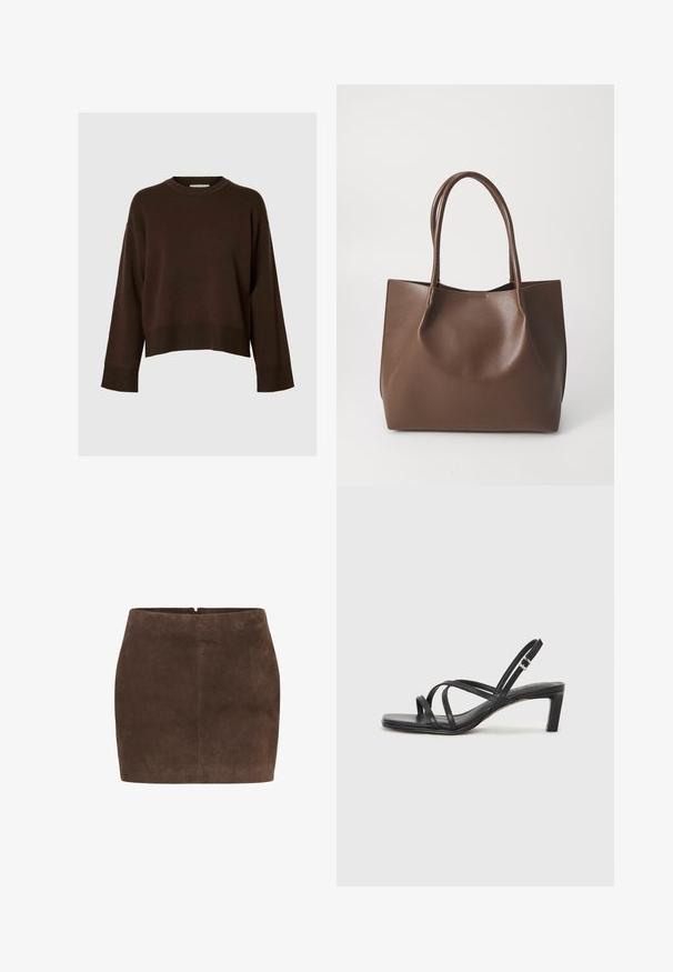 Brauner, kurz geschnittener Pullover mit langen Ärmeln, geripptem Saum, klassischem Rundhalsausschnitt, weicher Textur und minimalistischen Design.; Brauner Wildleder-Minirock mit glatter Textur, einfacher Gestaltung, Reißverschluss auf der Rückseite und ohne zusätzliche Verzierungen.; Schwarze Sandale mit Riemchen, quadratischer Zehenform und niedrigem Blockabsatz. Verfügt über mehrere dünne Riemen und einen verstellbaren Knöchelriemen. Hergestellt aus glattem Leder.; Braune Leder-Tote mit zwei langen Tragriemen, strukturiertem Shape, glatter Textur und minimalistischem Design. Keine sichtbaren Beschläge oder Akzente.