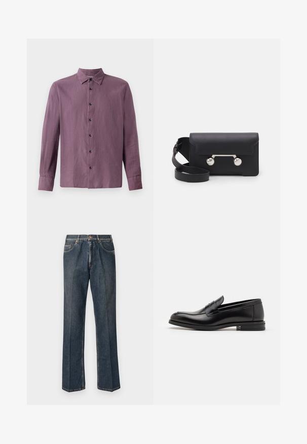 Krémový pletený sveter s polokošaľovým golierom, rebrovanými manžetami a spodným lemom, s prednými gombíkmi a jemnou textúrou.; Dlhý rukáv tričko v svetlofialovej tkanine, s predným zapínaním na gombíky s čiernymi gombíkmi a klasickým golierom. Hladká textúra, rovný strih.; Tmavomodré rovné džínsy s predným gombíkom, zipsom, dvojitými prednými vreckami a viditeľnými vertikálnymi pukmi pozdĺž nohavíc.; Čierne kožené mokasíny s hladkou textúrou, zaoblenou špičkou a dekoračným pásikom cez priehlavok. Nízky vrstvený opätok, minimalistický dizajn.; Čierna kožená crossbody taška s klopovým uzáverom, strieborné nity a dve okrúhle ozdoby. Obsahuje odnímateľný popruh. Hladký povrch.
