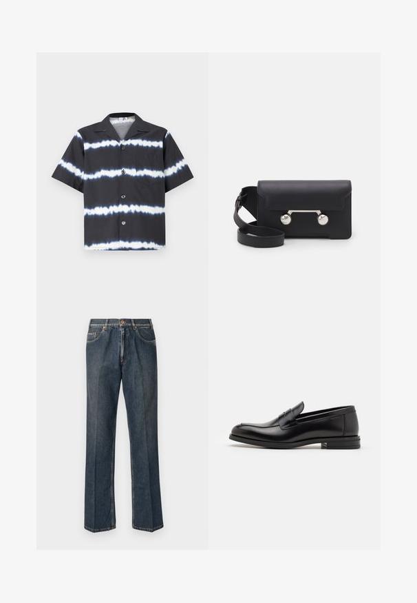 Suéter de punto color crema con cuello de polo, puños y dobladillo acanalados, que presenta un tapeta frontal y una textura suave.; Camisa de manga corta en negro con rayas de tie-dye blancas, que presenta un cierre de botones al frente, cuello y un bolsillo en el pecho. Fabricada con tela suave.; Vaqueros de mezclilla de pierna recta en azul oscuro con botón frontal, cremallera, dobles bolsillos frontales y pliegues verticales visibles a lo largo de las piernas.; Mocasines de cuero negro con una textura suave, puntera redondeada y una tira decorativa en el empeine. Tacón bajo apilado, diseño minimalista.; Bolso cruzado de cuero negro con cierre de solapa, herrajes en tono plata y dos acentos redondos. Cuenta con una correa desmontable. Textura suave.