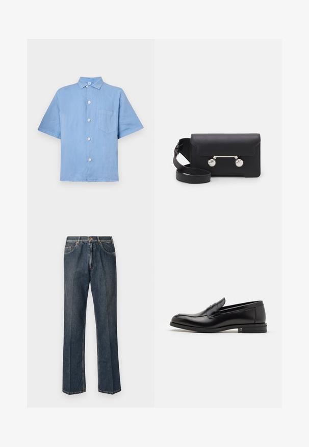 Cremefarbener Strickpullover mit Polo-Kragen, gerippten Bündchen und Saum, ausgestattet mit einer vorderen Knopfleiste und weicher Textur.; Himmelblaues Kurzarmhemd aus Leinen mit Knopfverschluss, spitzem Kragen und einer Brusttasche. Glatte Textur.; Dunkelblaue, gerade Jeans aus Denim mit vorderem Knopf, Reißverschluss, doppelten vorderen Taschen und sichtbaren vertikalen Falten entlang der Beine.; Schwarze Lederloafers mit glatter Textur, rundem Zehenbereich und einem dekorativen Riemen über dem Vorderfuß. Niedriger, gestapelter Absatz, minimalistisches Design.; Schwarze Leder-Umhängetasche mit Klappenverschluss, silberfarbener Hardware und zwei runden Akzenten. Verfügt über einen abnehmbaren Schulterriemen. Glatte Textur.