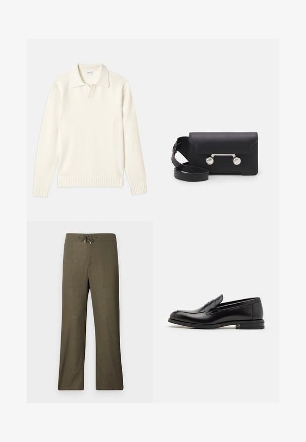 Cremefarbener Strickpullover mit Polo-Kragen, gerippten Bündchen und Saum, ausgestattet mit einer vorderen Knopfleiste und weicher Textur.; Tiefblaue kurzärmelige T-Shirt mit weißem Text "neanche per sogno" zentriert auf der Brust, Rundhalsausschnitt, Größe M.; Locker sitzende, olivgrüne Leinenhosen mit einem Kordelzugbund und weitem Bein. Glatte Textur, minimalistisches Design, keine sichtbaren Muster oder Akzente.; Schwarze Lederloafers mit glatter Textur, rundem Zehenbereich und einem dekorativen Riemen über dem Vorderfuß. Niedriger, gestapelter Absatz, minimalistisches Design.; Schwarze Leder-Umhängetasche mit Klappenverschluss, silberfarbener Hardware und zwei runden Akzenten. Verfügt über einen abnehmbaren Schulterriemen. Glatte Textur.