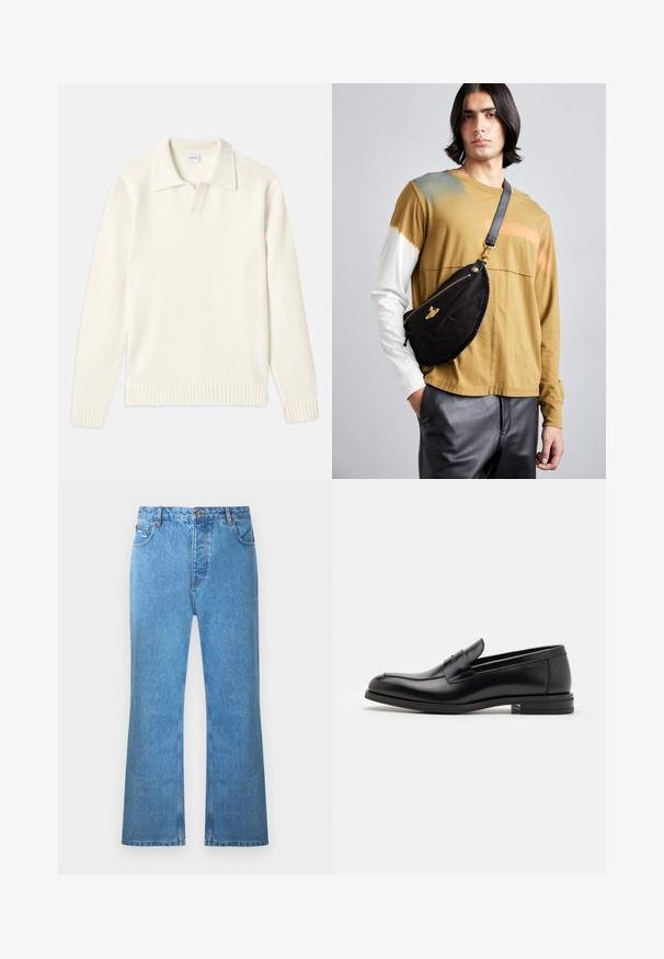 Kermakoolne kootud sviiter polo kaelusega, ribadega mansetid ja äär, esipaneeliga ja pehme tekstuuriga.; T-paita tummansinisestä kankaasta, lyhyet hihat, valkoinen teksti "neanche per sogno" keskellä rintaa, pyöreä kaula-aukko, keskikoko.; Vaaleansiniset farkkutrikoot, joissa on korkea vyötärö, viisi taskua ja hienovarainen haalistuma. Sisältää ompelukorostukset ja nappikiinnityksen.; Mustat nahkakengät, joissa on sileä pinta, pyöreä kärki ja koristeellinen nauha jalkapöydän yli. Matala pinoitu koroke, minimalistinen muotoilu.; Vivienne Westwood CITY BUMBAG UNISEX - Vyölaukku - black; AGNELLE RICK - Sormikkaat - tmoka