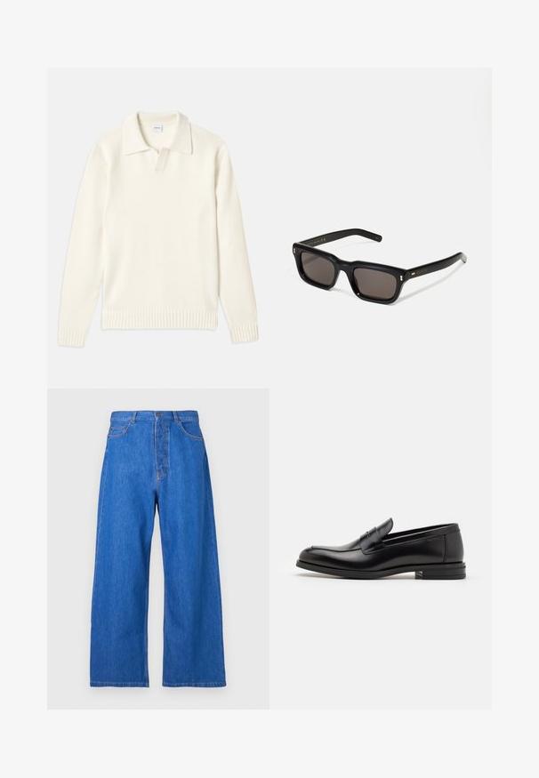 Krém színű kötött pulóver, póló gallérral, bordás mandzsettákkal és szegéllyel, elülső gomboló pánttal és puha tapintással.; Tengerészkék, rövid ujjú póló, fehér "neanche per sogno" felirattal, középen a mellkason, kerek nyakkal, közepes méretben.; Kék, bő szárú farmernadrág magas derékkal, elöl gombos záródással, övhurkokkal és öt zsebes kialakítással.; Fekete bőr loaferek sima textúrával, kerek orral és dekoratív pánttal a vampnál. Alacsony, rétegelt sarkú, minimalista dizájn.; Fekete téglalap alakú napszemüveg sötét lencsékkel, vastag műanyag keret, arany díszítések a szárakon, és a márka logója gravírozva a szára.