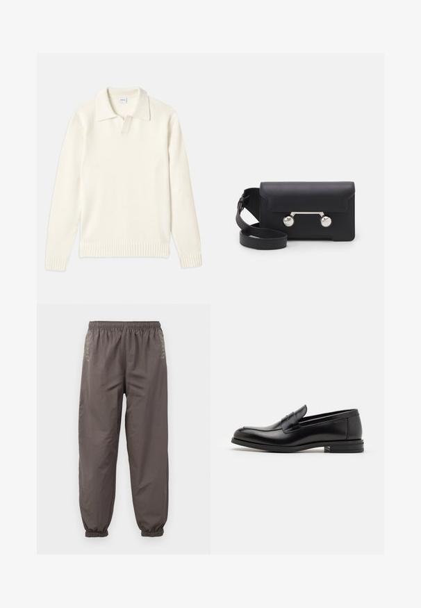 Krémový pletený svetr s polokošilovým límcem, žebrovanými manžetami a lemem, s předním zapínáním a měkkou texturou.; Námořnická modrá krátkosrstá tričko s bílým textem "neanche per sogno" umístěným na hrudi, kulatý výstřih, velikost M.; Tmavě šedé kalhoty s elastickým pasem a uvolněným střihem. Mají stažené manžety a jemnou výšivku po stranách. Lehce materiál.; Černé kožené polobotky s hladkou texturou, zaoblenou špičkou a zdobným páskem přes nárt. Nízký stohovaný podpatek, minimalistický design.; Černá kožená crossbody taška s klopovým zavíráním, stříbrným kováním a dvěma kulatými detaily. Obsahuje odnímatelný popruh. Hladká textura.