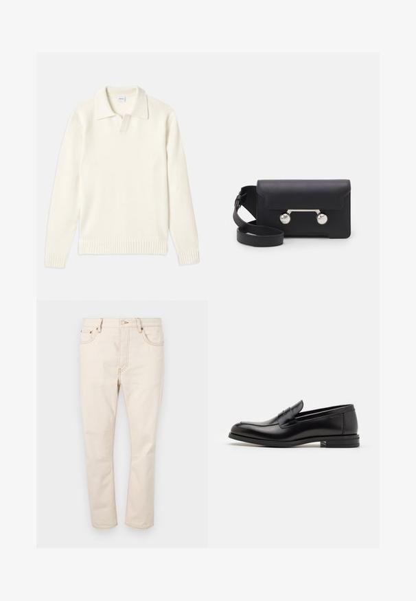 Kermakoolne kootud sviiter polo kaelusega, ribadega mansetid ja äär, esipaneeliga ja pehme tekstuuriga.; T-paita tummansinisestä kankaasta, lyhyet hihat, valkoinen teksti "neanche per sogno" keskellä rintaa, pyöreä kaula-aukko, keskikoko.; Beige farkkuhousut suoranlahkeisella leikkauksella, joissa on viisi taskua, kontrastiväriset ompeleet ja napitus pehmeässä vyötärössä.; Mustat nahkakengät, joissa on sileä pinta, pyöreä kärki ja koristeellinen nauha jalkapöydän yli. Matala pinoitu koroke, minimalistinen muotoilu.; Mustan nahkainen olkalaukku, jossa on läppäkiinnitys, hopeanväriset yksityiskohdat ja kaksi pyöreää koristetta. Varustettu irrotettavalla hihnalla. Sileä pinta.