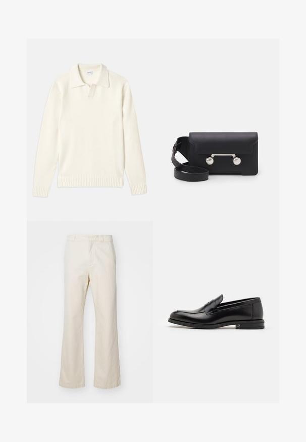 Krémový pletený svetr s polokošilovým límcem, žebrovanými manžetami a lemem, s předním zapínáním a měkkou texturou.; Námořnická modrá krátkosrstá tričko s bílým textem "neanche per sogno" umístěným na hrudi, kulatý výstřih, velikost M.; Bežové bavlněné kalhoty s klasickým rovnými nohavicemi, se zipem a knoflíkovým zapínáním vpředu, hladkou texturou a minimalistickým stylem.; Černé kožené polobotky s hladkou texturou, zaoblenou špičkou a zdobným páskem přes nárt. Nízký stohovaný podpatek, minimalistický design.; Černá kožená crossbody taška s klopovým zavíráním, stříbrným kováním a dvěma kulatými detaily. Obsahuje odnímatelný popruh. Hladká textura.