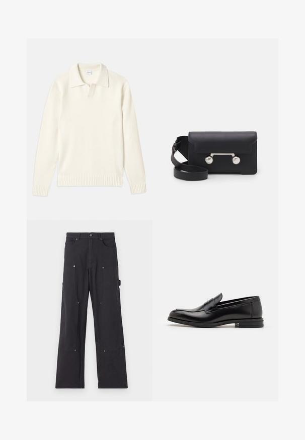 Kremo spalvos mezginis megztinis su polo apykakle, raukšlėtomis rankovėmis ir apačia, su priekiniais užtrauktukais ir minkšta tekstūra.; Tamsiai mėlynas trumpa rankovė T-palaidinė su balta tekstu "neanche per sogno" centruota ant krūtinės, apvaliu kaklu, vidutinio dydžio.; Juodos cargo kelnės, pagamintos iš tvirto audinio, su tiesiomis kojomis, turinčios priekines kišenes, spaudėmis ir šonines naudingas kišenes.; Juodos odinės loafers, turinčios lygų paviršių, apvalią noselę ir dekoratyvinę juostą per priekinę dalį. Žemas krentantis kulnas, minimalistinis dizainas.; Juodas odinis kryžminis krepšys su sklendės uždarymu, sidabro spalvos detalėmis ir dviem apvaliais akcentais. Yra nusiimamas diržas. Lygus paviršius.