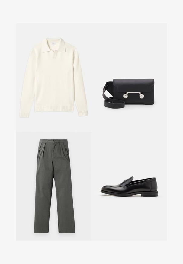 Kremfarvet strikket sweater med polo-krave, ribbede mansjetter og kant, med en frontplacket og blød tekstur.; Mørkeblå T-shirt med korte ærmer og hvid tekst "neanche per sogno" centreret på brystet, rund hals, medium størrelse.; Lettrene, plisserede bukser i mørkegrå bomuld med en lige ben design. Har en frontknaplukning og bæltestropper.; Sorte læderloafers med en glat overflade, rund tå og en dekorativ strop over vampen. Lav hæl med stabeldesign, minimalistisk stil.; Sort læder crossover taske med klaplukning, sølvfarvet hardware og to runde accenter. Har en aftagelig rem. Glat tekstur.