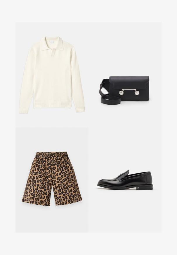Pull en tricot de couleur crème avec un col polo, des poignets et un ourlet côtelés, comportant une patte de boutonnage sur le devant et une texture douce.; T-shirt à manches courtes bleu marine avec le texte blanc "neanche per sogno" centré sur la poitrine, col rond, taille moyenne.; Shorts marron avec un imprimé léopard noir, dotés d'une ceinture élastique. Le tissu semble lisse, avec un design à jambe large et décontractée.; Mocassins en cuir noir avec une texture lisse, bout rond et une sangle décorative sur le dessus. Talon bas empilé, design minimaliste.; Sac bandoulière en cuir noir avec un rabat, accessoires en métal argenté et deux accents ronds. Doté d'une bandoulière amovible. Texture lisse.