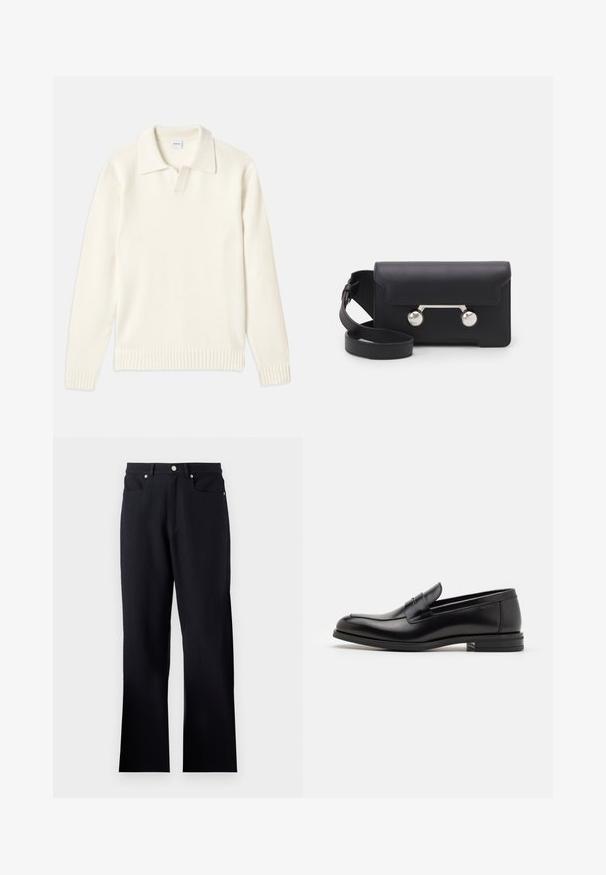 Krämfärgad stickad tröja med polo-krage, ribbade ärmslut och nederkant, med en framplacket och mjuk textur.; Mörkblå kortärmad T-shirt med vit text "neanche per sogno" centrerad på bröstet, rund hals, medium storlek.; Svarta byxor i texturerat tyg, med en figurnära midja, två framfickor och rak benvidd. Silverdetaljer ingår.; Svarta läderloafers med en slät yta, rund tå och ett dekorativt band över främre delen. Låg staplad klack, minimalistisk design.; Svart läder crossbody-väska med klaffstängning, silverfärgade detaljer och två runda accenter. Utrustad med en avtagbar rem. Slät textur.