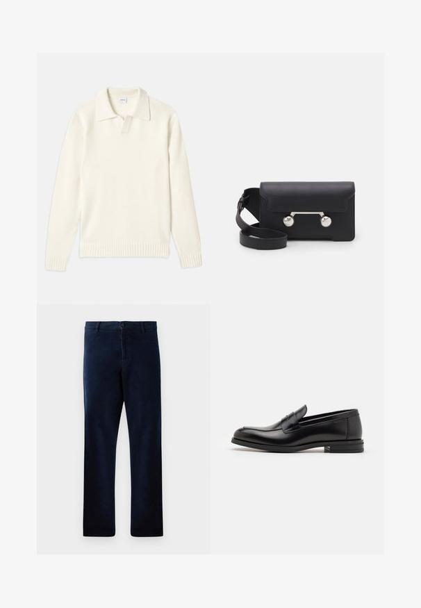 Pull en tricot de couleur crème avec un col polo, des poignets et un ourlet côtelés, comportant une patte de boutonnage sur le devant et une texture douce.; T-shirt à manches courtes bleu marine avec le texte blanc "neanche per sogno" centré sur la poitrine, col rond, taille moyenne.; Pantalons bleu marine en tissu doux et texturé, avec une fermeture à bouton et une coupe droite, dotés de détails de couture subtils.; Mocassins en cuir noir avec une texture lisse, bout rond et une sangle décorative sur le dessus. Talon bas empilé, design minimaliste.; Sac bandoulière en cuir noir avec un rabat, accessoires en métal argenté et deux accents ronds. Doté d'une bandoulière amovible. Texture lisse.