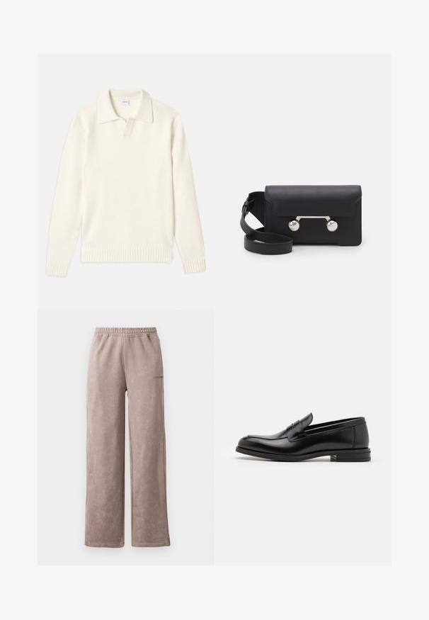Kremfarvet strikket sweater med polo-krave, ribbede mansjetter og kant, med en frontplacket og blød tekstur.; Mørkeblå T-shirt med korte ærmer og hvid tekst "neanche per sogno" centreret på brystet, rund hals, medium størrelse.; Lysebrune sweatpants med en blød, tekstureret finish, bred bendesign, elastisk talje og subtilt logo detalje på siden.; Sorte læderloafers med en glat overflade, rund tå og en dekorativ strop over vampen. Lav hæl med stabeldesign, minimalistisk stil.; Sort læder crossover taske med klaplukning, sølvfarvet hardware og to runde accenter. Har en aftagelig rem. Glat tekstur.