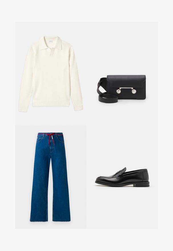 Kremo spalvos mezginis megztinis su polo apykakle, raukšlėtomis rankovėmis ir apačia, su priekiniais užtrauktukais ir minkšta tekstūra.; Tamsiai mėlynas trumpa rankovė T-palaidinė su balta tekstu "neanche per sogno" centruota ant krūtinės, apvaliu kaklu, vidutinio dydžio.; Plačios mėlynos džinsinės kelnės su raudona raišteliu juosmenyje, pasižyminčios klasikiniu penkių kišenių dizainu ir išardytu apdailos kraštu.; Juodos odinės loafers, turinčios lygų paviršių, apvalią noselę ir dekoratyvinę juostą per priekinę dalį. Žemas krentantis kulnas, minimalistinis dizainas.; Juodas odinis kryžminis krepšys su sklendės uždarymu, sidabro spalvos detalėmis ir dviem apvaliais akcentais. Yra nusiimamas diržas. Lygus paviršius.