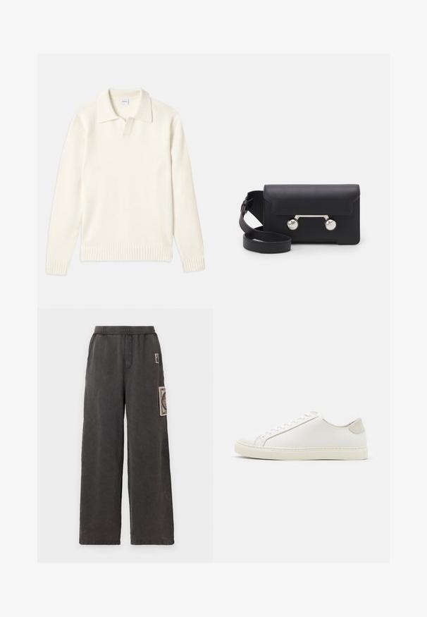 Krém színű kötött pulóver, póló gallérral, bordás mandzsettákkal és szegéllyel, elülső gomboló pánttal és puha tapintással.; Tengerészkék, rövid ujjú póló, fehér "neanche per sogno" felirattal, középen a mellkason, kerek nyakkal, közepes méretben.; Széles lábú nadrág sötétszürke anyagból, díszítő folttal az elülső zseben és rugalmas derékkal a kényelem érdekében.; Fehér bőr sneaker sima felülettel, kerek orral és minimalista dizájnnal. Bézs kiemelésekkel a sarokon és gumitalppal rendelkezik.; Fekete bőr keresztpántos táska hajtókával, ezüst színű kiegészítőkkel és két kerek díszítéssel. Levehető pánttal rendelkezik. Simább textúrájú.