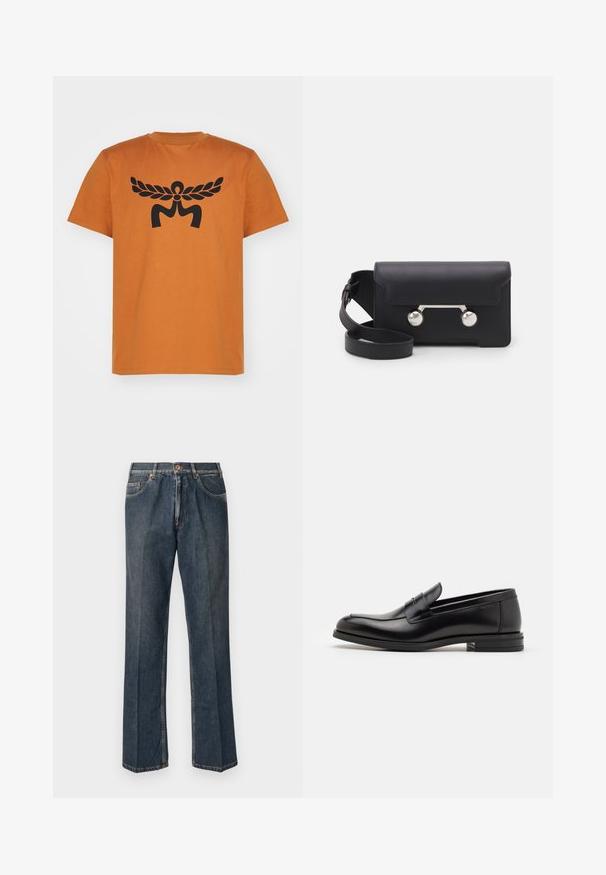 Suéter tricotado de cor creme com gola polo, punhos e barra en ribana, apresentando uma pala frontal e uma textura suave.; T-shirt de algodão laranja com um grande design gráfico preto de uma figura abstrata com asas na frente. Mangas curtas, gola redonda.; Jeans de ganga de perna reta azul escuro com botão à frente, fecho de correr, dois bolsos frontais e vinco vertical visível ao longo das pernas.; Mocassins de couro preto com uma textura suave, bico arredondado e uma faixa decorativa sobre o peito do pé. Salto baixo e empilhado, design minimalista.; Saco transversal em pele preta com fecho de aba, ferragens em tom prateado e dois acentos redondos. Apresenta uma alça destacável. Textura suave.