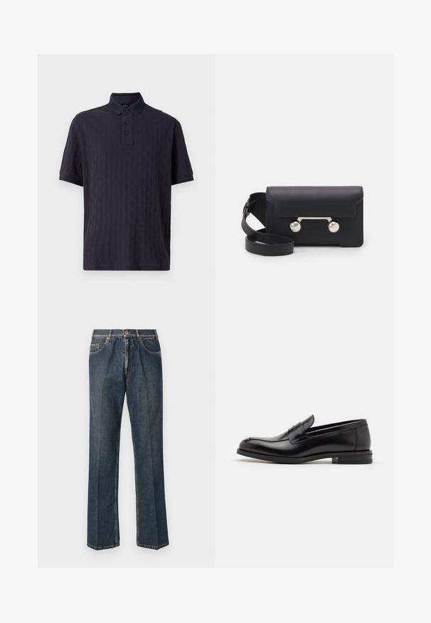 Krémový pletený sveter s polokošaľovým golierom, rebrovanými manžetami a spodným lemom, s prednými gombíkmi a jemnou textúrou.; Námornícky modrá polo tričko s krátkym rukávom s textúrovaným vzorom, s gombíkovou légou a kontrastným golierom. Mäkka tkanina, voľný strih.; Tmavomodré rovné džínsy s predným gombíkom, zipsom, dvojitými prednými vreckami a viditeľnými vertikálnymi pukmi pozdĺž nohavíc.; Čierne kožené mokasíny s hladkou textúrou, zaoblenou špičkou a dekoračným pásikom cez priehlavok. Nízky vrstvený opätok, minimalistický dizajn.; Čierna kožená crossbody taška s klopovým uzáverom, strieborné nity a dve okrúhle ozdoby. Obsahuje odnímateľný popruh. Hladký povrch.