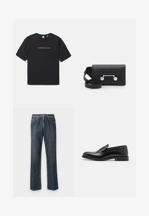 Cream-colored knit sweater with a polo collar, ribbed cuffs, and hem, featuring a front placket and soft texture.; Black cotton t-shirt with short sleeves, featuring red text "HUNTING FOR LOVE" embroidered across the chest. Simple and relaxed fit.; Dark blue straight-leg denim jeans with front button, zip fly, double front pockets, and visible vertical creases down the legs.; Black leather loafers with a smooth texture, rounded toe, and a decorative strap across the vamp. Low stacked heel, minimalist design.; Black leather crossbody bag with a flap closure, silver-tone hardware, and two round accents. Features a detachable strap. Smooth texture.