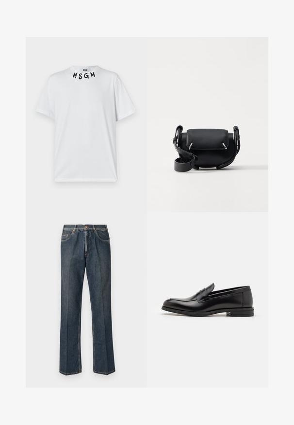 Pull en tricot de couleur crème avec un col polo, des poignets et un ourlet côtelés, comportant une patte de boutonnage sur le devant et une texture douce.; T-shirt en coton blanc avec le texte "MSGM" brodé en noir au niveau du col. Manches courtes, col rond et coupe décontractée.; Jeans en denim droit bleu foncé avec un bouton à l'avant, une fermeture éclair, deux poches avant et des plis verticaux visibles le long des jambes.; Mocassins en cuir noir avec une texture lisse, bout rond et une sangle décorative sur le dessus. Talon bas empilé, design minimaliste.; Sac en bandoulière en cuir noir avec une forme arrondie, doté d'une fermeture rabat, d'accents en métal argenté et d'une bandoulière amovible.