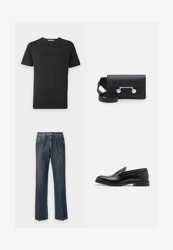 Kermakoolne kootud sviiter polo kaelusega, ribadega mansetid ja äär, esipaneeliga ja pehme tekstuuriga.; Mustapaita, jossa on lyhyet hihat ja joka sisältää sävyyn kohotetun logon "TIGER OF SWEDEN" edessä. Klassinen pyöreä pääntie.; Tummansiniset suorat farkut, joissa on edessä nappi, vetoketju, tuplakoteloita ja näkyvät pystysaumat lahkeissa.; Mustat nahkakengät, joissa on sileä pinta, pyöreä kärki ja koristeellinen nauha jalkapöydän yli. Matala pinoitu koroke, minimalistinen muotoilu.; Mustan nahkainen olkalaukku, jossa on läppäkiinnitys, hopeanväriset yksityiskohdat ja kaksi pyöreää koristetta. Varustettu irrotettavalla hihnalla. Sileä pinta.