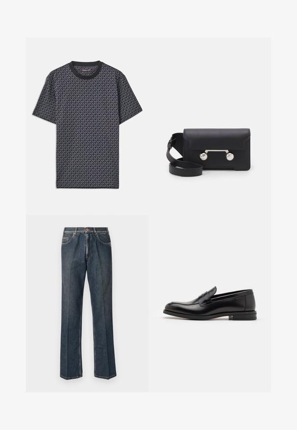 Suéter tricotado de cor creme com gola polo, punhos e barra en ribana, apresentando uma pala frontal e uma textura suave.; T-shirt preta de manga curta com um padrão geométrico "MK" por toda a parte, gola redonda canelada e um tecido macio e texturado.; Jeans de ganga de perna reta azul escuro com botão à frente, fecho de correr, dois bolsos frontais e vinco vertical visível ao longo das pernas.; Mocassins de couro preto com uma textura suave, bico arredondado e uma faixa decorativa sobre o peito do pé. Salto baixo e empilhado, design minimalista.; Saco transversal em pele preta com fecho de aba, ferragens em tom prateado e dois acentos redondos. Apresenta uma alça destacável. Textura suave.