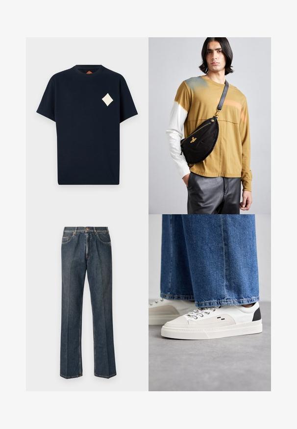 Krämfärgad stickad tröja med polo-krage, ribbade ärmslut och nederkant, med en framplacket och mjuk textur.; Mörkblå bomullströja med rundad hals, korta ärmar och en krämfärgad diamantpatch på bröstet med präglade detaljer.; Mörkblå raka denimjeans med framknapp, blixtlås, dubbla framfickor och synliga vertikala veck längs benen.; Vita och svarta sneakers med en slät läderöverdel, texturerade detaljer och en kraftig vit sula. Har en klassisk snörningsdesign.; Vivienne Westwood CITY BUMBAG UNISEX - Bältesväska - black