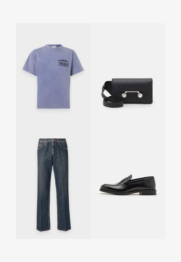 Kreemivärvi kudumiga sviiter polo krae, sooniküttega varrukate ja äärega, ees klappi ja pehme tekstuuriga.; Lilla puuvillane T-särk, lühikeste varrukatega, ümar kaelus ja must söövitatud logo, kus on kirjutatud "Aries" vasakul rinnal.; Tumedast sinised sirged teksapüksid, millel on ees nupp, tõmblukk, kaks eesmist taskut ja nähtavad vertikaalsed kortsud pükste jalgu pidi.; Mustad mustad nahast loafers sileda tekstuuriga, ümarat ninaosa ja dekoratiivne riba vampi üle. Madal kihiline konts, minimalistlik disain.; Must со хsaid crossover kottiga black nahka, mis on varustatud klapiga sulgemisega, hõbedased detailid ja kaks ümmargust aksessuaar. Omab eemaldatavat rihma. Sile tekstuur.
