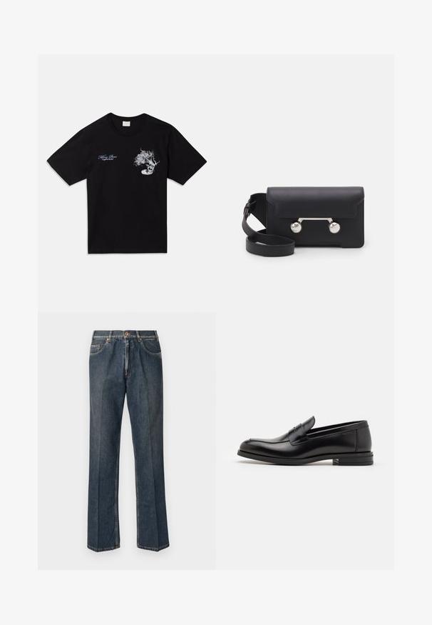 Krémový pletený svetr s polokošilovým límcem, žebrovanými manžetami a lemem, s předním zapínáním a měkkou texturou.; Černé bavlněné tričko s krátkým rukávem. Obsahuje bílé grafiky květiny a gramofonu, a modrý text "Zabíjení včel" a "Spojeni rytmem."; Tmavě modré džíny rovného střihu s předním poutkem, zipem, dvojitými předními kapsami a viditelnými vertikálními záhyby na nohavicích.; Černé kožené polobotky s hladkou texturou, zaoblenou špičkou a zdobným páskem přes nárt. Nízký stohovaný podpatek, minimalistický design.; Černá kožená crossbody taška s klopovým zavíráním, stříbrným kováním a dvěma kulatými detaily. Obsahuje odnímatelný popruh. Hladká textura.