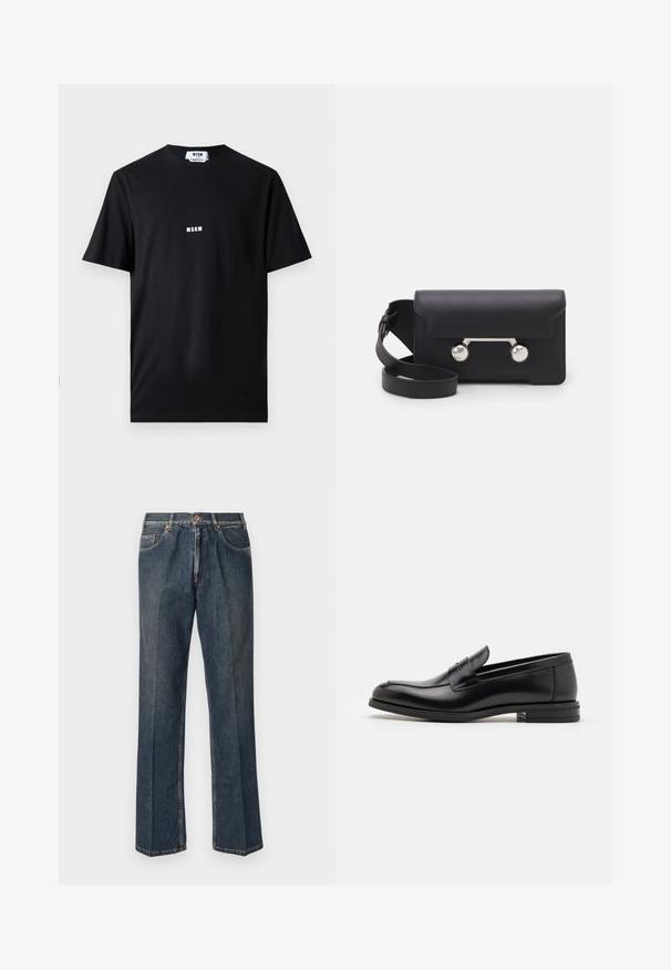 Maglione lavorato a maglia color crema con colletto polo, polsini e orlo a coste, dotato di patta frontale e texture morbida.; T-shirt in cotone nero con collo a giro e maniche corte. Sul fronte è stampato al centro il logo bianco "MSGM". Texture liscia, vestibilità standard.; Jeans in denim blu scuro a gamba dritta con bottone frontale, zip, doppie tasche anteriori e pieghe verticali visibili lungo le gambe.; Mocassini neri in pelle con una texture liscia, punta arrotondata e una striscia decorativa sulla tomaia. Tacco basso impilato, design minimalista.; Borsa a tracolla in pelle nera con chiusura a patta, hardware in tonalità argento e due accenti tondi. Dotata di una tracolla removibile. Texture liscia.