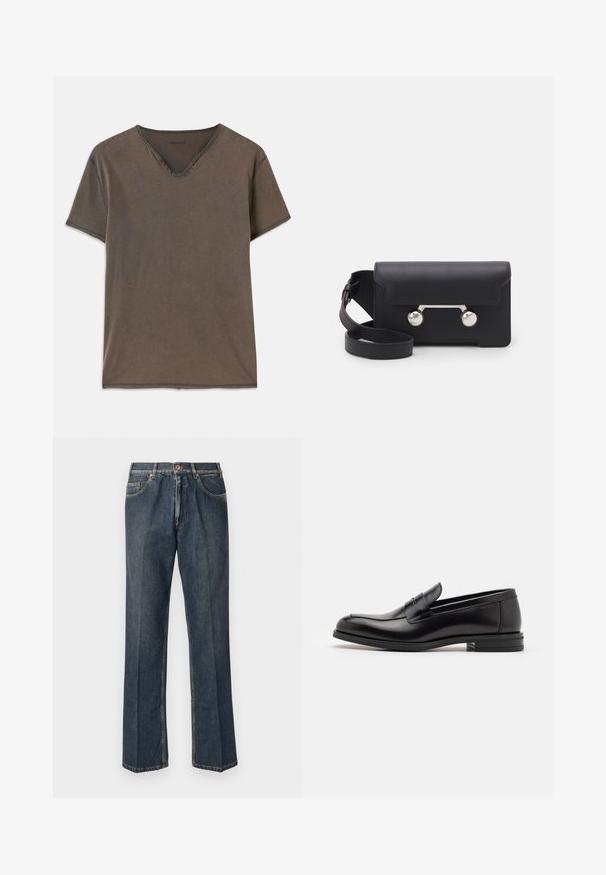 Krēms krāsas adīts džemperis ar polo apkakli, ribotām piedurknēm un apakšmalu, ar priekšējo atdari un mīkstu tekstūru.; Brahns īsām piedurkņu krekls ar V-veida kakla izgriezumu, četri dekoratīvi pogas blakus kakla un kontrastējošas šuves gar malām.; Tumši zili taisni džinsi ar priekšējo pogu, rāvējslēdzēju, dubultajām priekšējām kabatām un redzamām vertikālām krokām pa kājām.; Melnas ādas kurpes ar gludu tekstūru, noapaļu purngalu un dekoratīvu siksniņu pāri priekšpusei. Zems sakrauts papēdis, minimālisma dizains.; Melna ādas crossbody soma ar atloku aizdari, sudraba toņu aparatūru un divām apaļām detaļām. Iespējams noņemt siksnu. Gluda tekstūra.