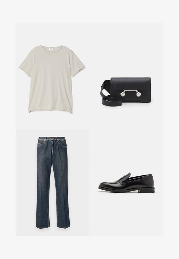 Kremo spalvos mezginis megztinis su polo apykakle, raukšlėtomis rankovėmis ir apačia, su priekiniais užtrauktukais ir minkšta tekstūra.; Šviesiai smėlinis T marškinėliai, pagaminti iš minkštos medvilnės, su apvaliu kaklu ir trumpomis rankovėmis. Lygus audinys su laisvai krentančiu siluetu.; Tamsiai mėlynos tiesios kojos džinsai su priekiniais mygtukais, užtrauktuku, dviem priekinėmis kišenėmis ir matomomis vertikaliomis raukšlėmis nuo kelnių šonų.; Juodos odinės loafers, turinčios lygų paviršių, apvalią noselę ir dekoratyvinę juostą per priekinę dalį. Žemas krentantis kulnas, minimalistinis dizainas.; Juodas odinis kryžminis krepšys su sklendės uždarymu, sidabro spalvos detalėmis ir dviem apvaliais akcentais. Yra nusiimamas diržas. Lygus paviršius.