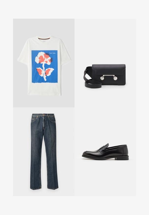 Krēms krāsas adīts džemperis ar polo apkakli, ribotām piedurknēm un apakšmalu, ar priekšējo atdari un mīkstu tekstūru.; Balts kokvilnas t-krekls ar lielu zilu kvadrātu grafiku, kurā ir daudzkrāsaina abstrakta zieda dizaina un "Paul Smith" uzraksts stūrī.; Tumši zili taisni džinsi ar priekšējo pogu, rāvējslēdzēju, dubultajām priekšējām kabatām un redzamām vertikālām krokām pa kājām.; Melnas ādas kurpes ar gludu tekstūru, noapaļu purngalu un dekoratīvu siksniņu pāri priekšpusei. Zems sakrauts papēdis, minimālisma dizains.; Melna ādas crossbody soma ar atloku aizdari, sudraba toņu aparatūru un divām apaļām detaļām. Iespējams noņemt siksnu. Gluda tekstūra.