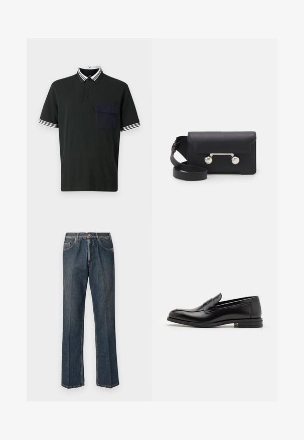 Maglione lavorato a maglia color crema con colletto polo, polsini e orlo a coste, dotato di patta frontale e texture morbida.; Polo shirt nera con colletto a righe bianche e blu navy, chiusura a tre bottoni e taschino blu navy sulla parte sinistra del petto.; Jeans in denim blu scuro a gamba dritta con bottone frontale, zip, doppie tasche anteriori e pieghe verticali visibili lungo le gambe.; Mocassini neri in pelle con una texture liscia, punta arrotondata e una striscia decorativa sulla tomaia. Tacco basso impilato, design minimalista.; Borsa a tracolla in pelle nera con chiusura a patta, hardware in tonalità argento e due accenti tondi. Dotata di una tracolla removibile. Texture liscia.