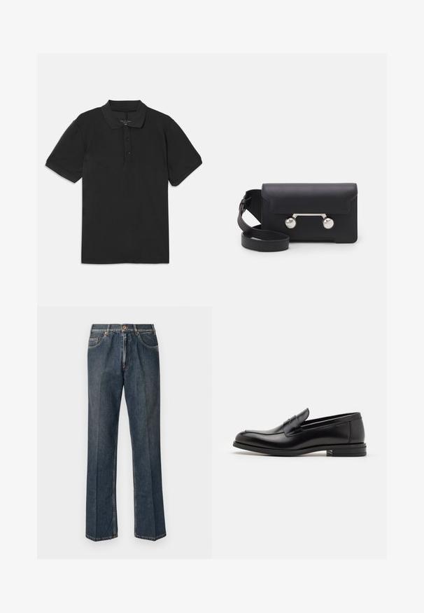 Pull en tricot de couleur crème avec un col polo, des poignets et un ourlet côtelés, comportant une patte de boutonnage sur le devant et une texture douce.; Polo noir à manches courtes, avec un col et une patte de boutonnage à trois boutons. Fabriqué à partir d'un tissu lisse et léger, présentant un design classique.; Jeans en denim droit bleu foncé avec un bouton à l'avant, une fermeture éclair, deux poches avant et des plis verticaux visibles le long des jambes.; Mocassins en cuir noir avec une texture lisse, bout rond et une sangle décorative sur le dessus. Talon bas empilé, design minimaliste.; Sac bandoulière en cuir noir avec un rabat, accessoires en métal argenté et deux accents ronds. Doté d'une bandoulière amovible. Texture lisse.