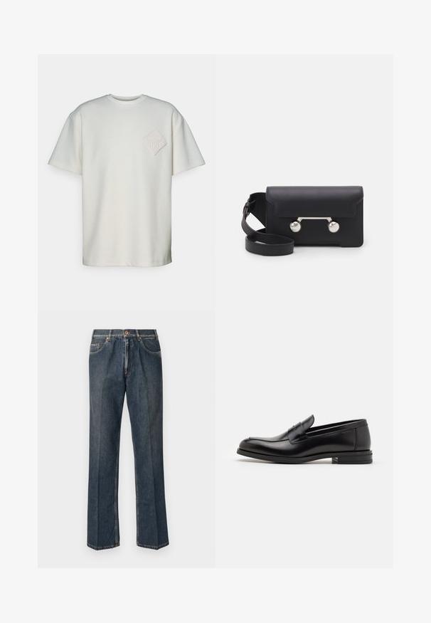 Krémový pletený sveter s polokošaľovým golierom, rebrovanými manžetami a spodným lemom, s prednými gombíkmi a jemnou textúrou.; Tričko s krátkym rukávom v odtieni krémovej bavlny, s textúrovaným diamantovým nášivkom a embosovaným dizajnom na ľavej hrudi.; Tmavomodré rovné džínsy s predným gombíkom, zipsom, dvojitými prednými vreckami a viditeľnými vertikálnymi pukmi pozdĺž nohavíc.; Čierne kožené mokasíny s hladkou textúrou, zaoblenou špičkou a dekoračným pásikom cez priehlavok. Nízky vrstvený opätok, minimalistický dizajn.; Čierna kožená crossbody taška s klopovým uzáverom, strieborné nity a dve okrúhle ozdoby. Obsahuje odnímateľný popruh. Hladký povrch.