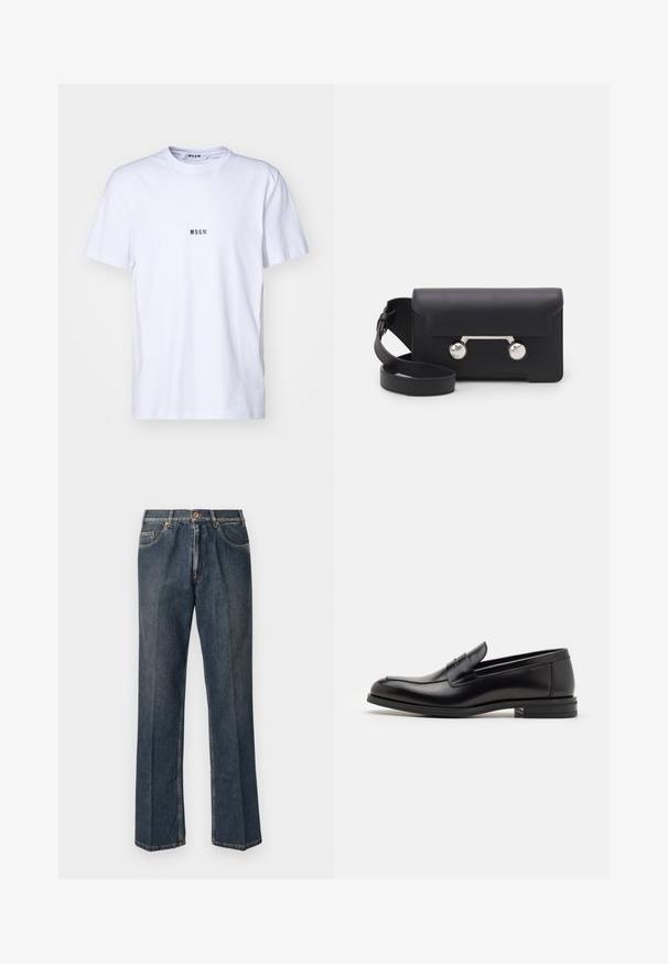 Krēms krāsas adīts džemperis ar polo apkakli, ribotām piedurknēm un apakšmalu, ar priekšējo atdari un mīkstu tekstūru.; Balts kokvilnas T-krekls ar apaļu kakla izgriezumu, īsām piedurknēm un nelielu melnu "MSGM" logotipu uz priekšpuses. Gluda tekstūra.; Tumši zili taisni džinsi ar priekšējo pogu, rāvējslēdzēju, dubultajām priekšējām kabatām un redzamām vertikālām krokām pa kājām.; Melnas ādas kurpes ar gludu tekstūru, noapaļu purngalu un dekoratīvu siksniņu pāri priekšpusei. Zems sakrauts papēdis, minimālisma dizains.; Melna ādas crossbody soma ar atloku aizdari, sudraba toņu aparatūru un divām apaļām detaļām. Iespējams noņemt siksnu. Gluda tekstūra.