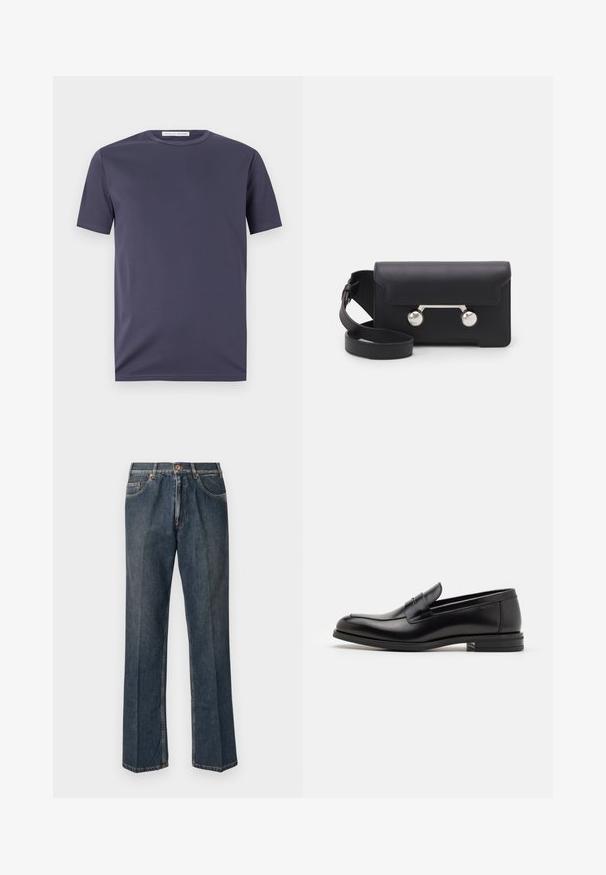Krém színű kötött pulóver, póló gallérral, bordás mandzsettákkal és szegéllyel, elülső gomboló pánttal és puha tapintással.; Sötétkék, rövid ujjú póló sima anyagból. Kerek nyakú, finom varrási részletekkel rendelkezik. Minimalista dizájn, minta nélkül.; Sötétkék egyenes szárú farmernadrág elülső gombbal, cipzáros behúzással, dupla elülső zsebekkel és lábszárakon látható függőleges ráncokkal.; Fekete bőr loaferek sima textúrával, kerek orral és dekoratív pánttal a vampnál. Alacsony, rétegelt sarkú, minimalista dizájn.; Fekete bőr keresztpántos táska hajtókával, ezüst színű kiegészítőkkel és két kerek díszítéssel. Levehető pánttal rendelkezik. Simább textúrájú.