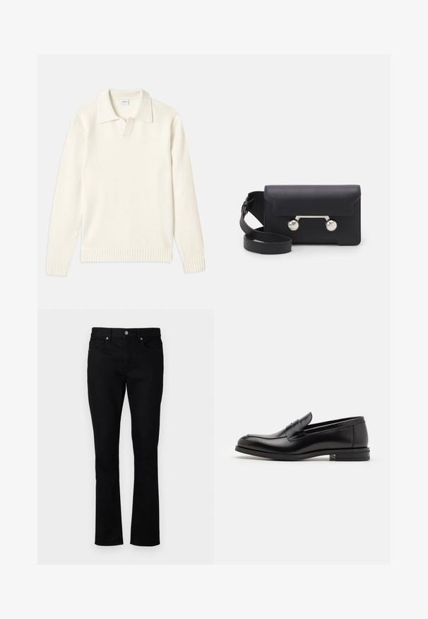 Krémový pletený svetr s polokošilovým límcem, žebrovanými manžetami a lemem, s předním zapínáním a měkkou texturou.; Černé džíny se středním pasem a rovnými nohavicemi, obsahující pět kapes a kovové akcenty. Hladká textura.; Černé kožené polobotky s hladkou texturou, zaoblenou špičkou a zdobným páskem přes nárt. Nízký stohovaný podpatek, minimalistický design.; Černá kožená crossbody taška s klopovým zavíráním, stříbrným kováním a dvěma kulatými detaily. Obsahuje odnímatelný popruh. Hladká textura.