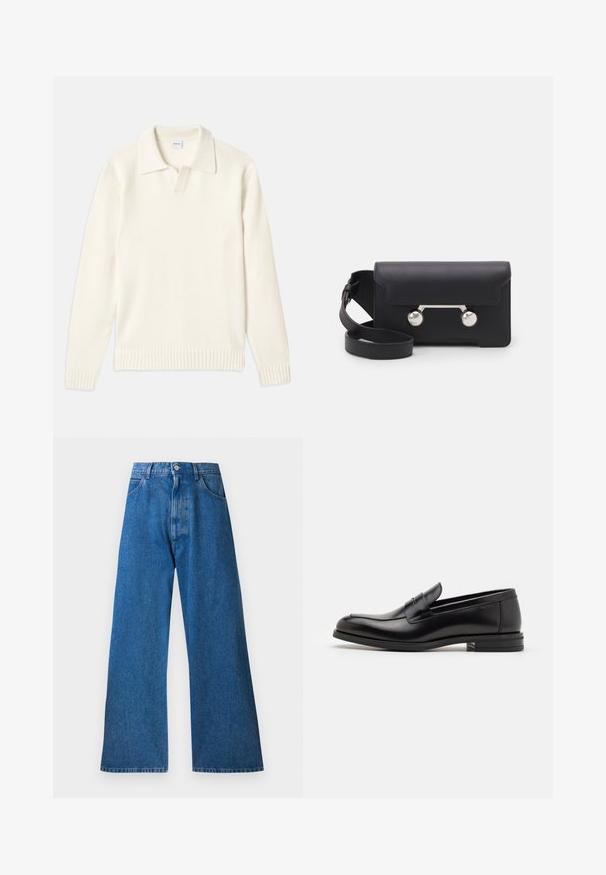 Kermakoolne kootud sviiter polo kaelusega, ribadega mansetid ja äär, esipaneeliga ja pehme tekstuuriga.; Siniset farkut, joissa on leveä lahje ja korkea vyötärö, viisi taskua, metallinappisuljenta ja hienovaraiset vaaleat raidat edessä. Silkkinen pinta.; Mustat nahkakengät, joissa on sileä pinta, pyöreä kärki ja koristeellinen nauha jalkapöydän yli. Matala pinoitu koroke, minimalistinen muotoilu.; Mustan nahkainen olkalaukku, jossa on läppäkiinnitys, hopeanväriset yksityiskohdat ja kaksi pyöreää koristetta. Varustettu irrotettavalla hihnalla. Sileä pinta.