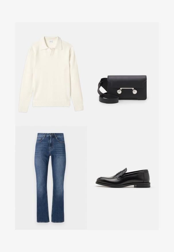 Krémový pletený svetr s polokošilovým límcem, žebrovanými manžetami a lemem, s předním zapínáním a měkkou texturou.; Modré denimové džíny s rovně střiženými nohavicemi, standardními kapsami a prošívaným pasem, s běžným umytím a jemným žmolkováním.; Černé kožené polobotky s hladkou texturou, zaoblenou špičkou a zdobným páskem přes nárt. Nízký stohovaný podpatek, minimalistický design.; Černá kožená crossbody taška s klopovým zavíráním, stříbrným kováním a dvěma kulatými detaily. Obsahuje odnímatelný popruh. Hladká textura.