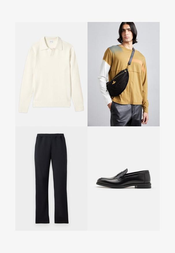 Crème-kleurige gebreide trui met een polo-kraag, geribde manchetten en zoom, voorzien van een voorste placket en een zachte textuur.; Zwarte straight-leg sweatpants met elastische tailleband, plat weergegeven op een witte achtergrond.; Zwarte leren instappers met een gladde textuur, ronde neus en een decoratieve band over de wreef. Lage, gestapelde hak en minimalistisch ontwerp.; Vivienne Westwood CITY BUMBAG UNISEX - Heuptas - black