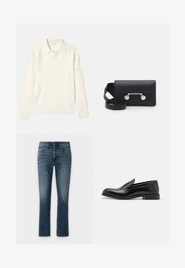 Kreemivärvi kudumiga sviiter polo krae, sooniküttega varrukate ja äärega, ees klappi ja pehme tekstuuriga.; Tumed sinine denimihinged sirge säärega. Omadusteks on eesmine taskud, nupuga kinnitamine ning õrn fadeering reie lähedal.; Mustad mustad nahast loafers sileda tekstuuriga, ümarat ninaosa ja dekoratiivne riba vampi üle. Madal kihiline konts, minimalistlik disain.; Must со хsaid crossover kottiga black nahka, mis on varustatud klapiga sulgemisega, hõbedased detailid ja kaks ümmargust aksessuaar. Omab eemaldatavat rihma. Sile tekstuur.