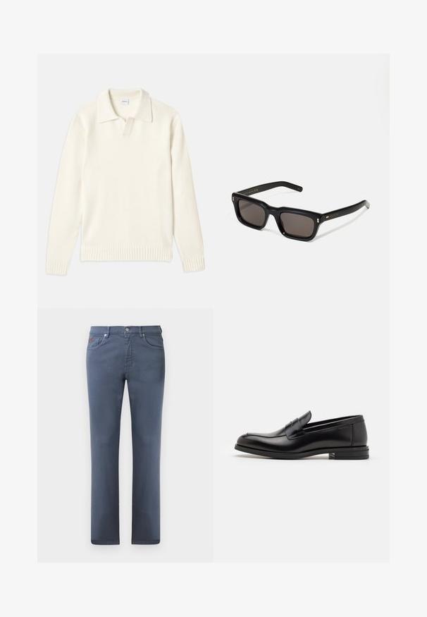 Sweter dzianinowy w kolorze kremowym z kołnierzykiem polo, prążkowanymi mankietami i dołem, z dekoltem na guziki i miękką fakturą.; Szare dżinsy o prostym kroju, pięć kieszeni i zapięcie na metalowy guzik. Posiadają subtelne przeszycia oraz mały detal z logo.; Czarne skórzane mokasyny o gładkiej fakturze, zaokrąglonym nosku i dekoracyjnym pasku na przodzie. Niski, warstwowy obcas, minimalistyczny design.; Czarne prostokątne okulary przeciwsłoneczne z ciemnymi soczewkami, grubą plastikową oprawą, złotymi akcentami na zausznikach oraz wygrawerowanym logo marki na ramieniu.; Czarna skórzana torba na ramię z klapką, z metalowymi elementami w srebrnym kolorze i dwoma okrągłymi akcentami. Posiada odczepiany pasek. Gładka faktura.