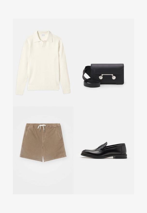 Cream-colored knit sweater with a polo collar, ribbed cuffs, and hem, featuring a front placket and soft texture.; Brown cotton shorts with an elastic waistband and white drawstring, featuring two side pockets and a straight cut design.; Black leather loafers with a smooth texture, rounded toe, and a decorative strap across the vamp. Low stacked heel, minimalist design.; Black leather crossbody bag with a flap closure, silver-tone hardware, and two round accents. Features a detachable strap. Smooth texture.