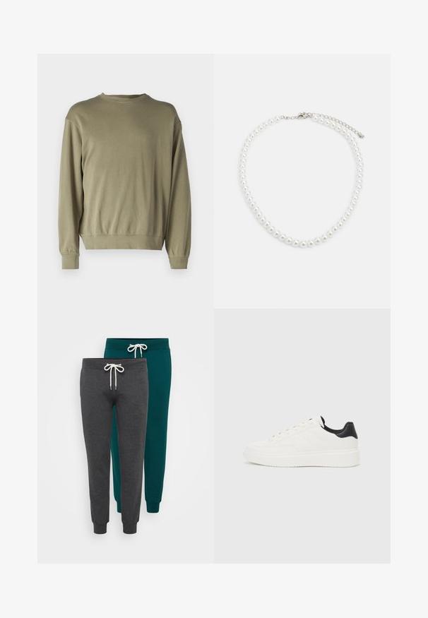 Sudadera de manga larga en verde oliva, hecha de una suave mezcla de algodón. Presenta un cuello redondo y puños acanalados con un corte holgado.; Dos pares de pantalones deportivos en gris carbón y azul verdoso, hechos de una tela suave, con puños elásticos y cinturillas con cordones blancos.; Zapatilla de cuero blanca con patrón en relieve, mediopie blanca texturizada y acento negro en el talón. Presenta punta redondeada y cordones planos.; Collar de perlas blancas con forma redonda uniforme, superficie suave y cierre de metal con cadena de extensión para longitud ajustable.