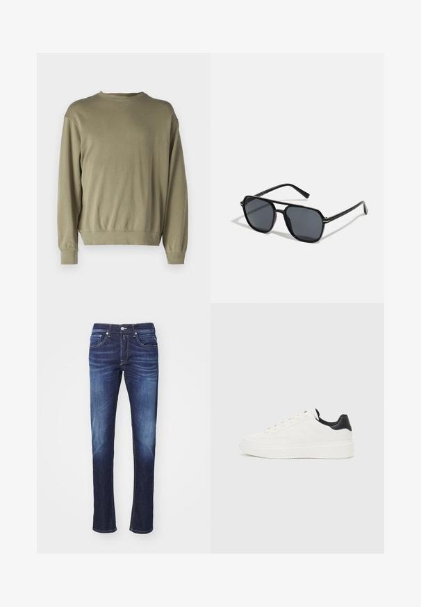Olive green, long-sleeve sweatshirt made of soft cotton blend. Features a round neckline and ribbed cuffs with a relaxed fit.; Dark blue denim jeans with a straight-leg cut, featuring five pockets, a button fly, and subtle fading along the thighs.; White leather sneaker with embossed pattern, textured white midsole, and black heel accent. Features rounded toe and flat laces.; Black sunglases with octagonal frame, dark lenses, glossy finish, thin temples, and gold accents on the front.